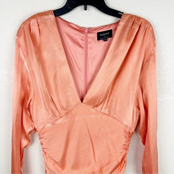 Bardot Orange Karissa Scruch Long Sleeve V-Neck Dress Mini Size Medium 6 - Picture 7 of 8